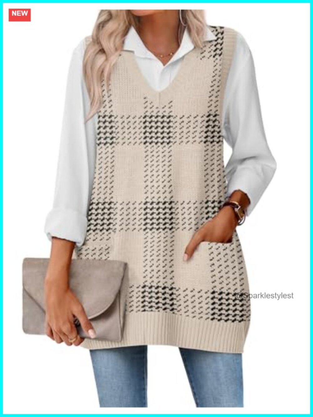 Oversized Sleeveless V Neck Sweater Vest with Pockets Knitted